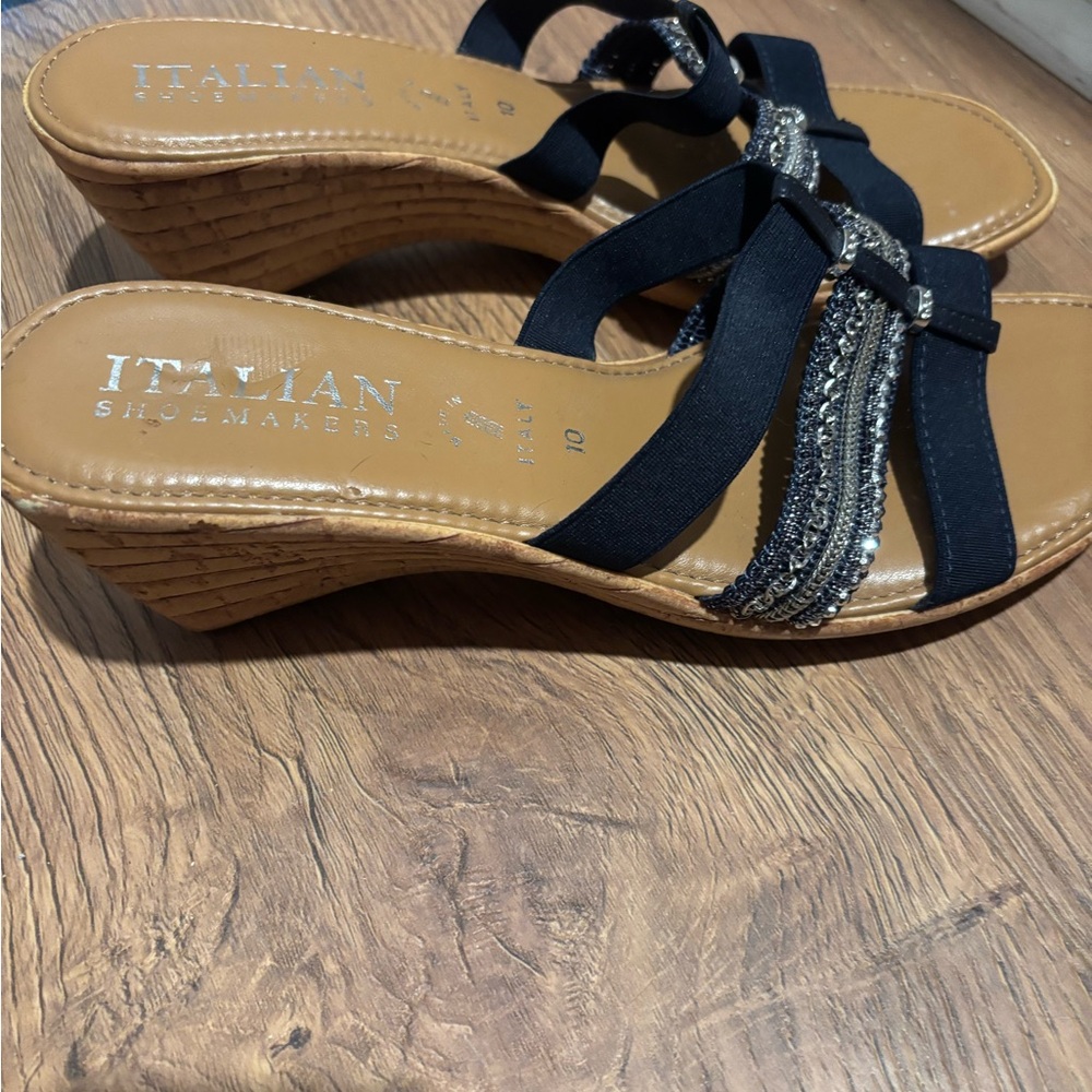 Italian Shoemakers Navy and Tan Wedge Sandals Size 10